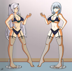  alerith alexia_midgar beta_(the_eminence_in_shadow) blue_eyes blue_hair breasts dollification empty_eyes female_only femsub hand_on_hip happy_trance large_breasts lingerie midriff navel posed posing red_eyes silver_hair simple_background smile the_eminence_in_shadow thighhighs tiptoes very_long_hair 