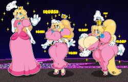 ass_expansion bimbofication bimbophi blonde_hair brain_drain breast_expansion breasts crown earrings female_only femsub gloves happy_trance high_heels huge_breasts jewelry large_breasts lipstick long_hair nintendo opera_gloves ponytail princess princess_peach smile super_mario_bros. text transformation