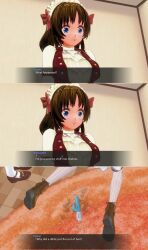  3d all_fours blue_eyes blush bottomless breasts brown_hair comic custom_maid_3d_2 dialogue drool empty_eyes expressionless female_only femdom femsub happy_trance hypnotic_accessory kamen_writer_mc mc_trap_town natsume_(mc_trap_town) nude open_mouth pet_play screenshot symbol_in_eyes tech_control text topless xlmpth 