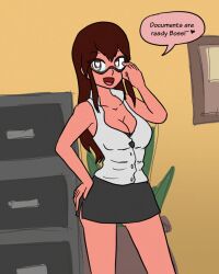  bare_legs bare_shoulders belle_(daehypeels) breasts brown_hair cleavage clothed dialogue english_text female_only femsub glasses hand_on_hip happy_trance heart heart_eyes large_breasts legs long_hair love mythkaz office_lady open_mouth original skirt smile speech_bubble symbol symbol_in_eyes text thighs 