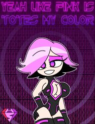  alternate_costume alternate_hair_color ambiguous_pov bare_shoulders bimbofication cleavage_cutout disney empty_eyes english_text eyebrows_visible_through_hair eyelashes gloves hair_covering_one_eye hand_on_hip happy_trance hypnoscream large_breasts leotard looking_at_viewer mara_(tron) pink_eyes pink_hair ring_background shiny_hair sideboob simple_background smile text tron tron_uprising watermark wide_hips 