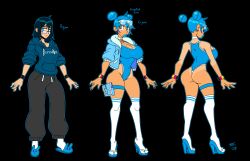  absurdres ass_expansion before_and_after bimbofication bimbophi blue_hair blue_lipstick breast_expansion choker cleavage femsub glasses hair_buns high_heels hoodie jacket leotard lipstick multicolored_eyes original short_hair symbol_in_eyes tan_lines thighhighs 