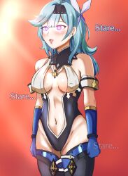  alternate_costume blue_hair blush breasts drool eula_lawrence female_only femsub genshin_impact glowing glowing_eyes hair_ornament long_hair open_mouth pink_eyes simple_background smeef standing standing_at_attention thighhighs 