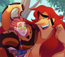 aloy_(horizon_zero_dawn) braid chin_hold coils geekgirl8 horizon_zero_dawn jungle kaa_eyes kenneth_(geekgirl8) necklace orange_eyes original smile tail