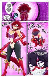  black_hair bodysuit boots bree_(gacha_gotcha) comic dialogue eye_mask gacha_gotcha gloves hair_color_change kobi94 red_hair short_hair speech_bubble text 