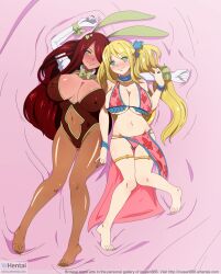  absurdres barefoot blonde_hair blush bracelet breasts bunny_ears bunny_girl bunnysuit cleavage dancer erect_nipples erza_scarlet fairy_tail fake_animal_ears feet female_only femsub happy_trance harem_outfit hypnotic_accessory inusen kaa_eyes large_breasts long_hair lucy_heartfilia magic multiple_girls pantyhose red_hair smile 