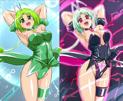 ahoge alternate_color_scheme alternate_costume alternate_hair_color arm_bands armpits arms_above_head aura before_and_after bell_collar blush breasts cleavage collar corruption crotch_tattoo dress electricity empty_eyes female_only femsub garter glowing_eyes green_eyes green_hair happy_trance hengaya leotard looking_at_viewer navel pink_eyes retasu_midorikawa rubber short_hair solo tattoo tokyo_mew_mew tongue