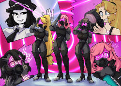  aztromelie black_hair blonde_hair blue_eyes bodysuit breasts cap cid_(not-a-soda) clothed dronification english_text female_only femdom femsub hat high_heels izzy_the_mine kaylee_jackson large_breasts long_hair multiple_girls multiple_subs original pink_hair ponytail saluting selina_(not-a-soda) short_hair spiral spiral_background sweat text tie tight_clothing very_long_hair 