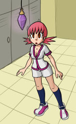  breasts brown_eyes crystal dazed empty_eyes female_only kneehighs locker_room mythkaz nintendo open_mouth pendulum pink_hair pokemon pokemon_gold_silver_and_crystal shoes short_hair socks spiral twintails whitney 