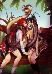 absurdres akeno_himejima black_hair blush breasts coils disney drool female_only femsub hair_ribbon happy_trance high_school_dxd hypnotic_eyes kaa kaa_eyes kissing lairreverenteboladepelos large_breasts long_hair multiple_girls multiple_subs nipples open_clothes open_mouth red_hair rias_gremory ribbon snake spit_trail the_jungle_book topless yuri