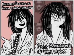 akemura_soga before_and_after black_hair black_sclera clothed corruption english_text humor kagurabachi king_von male_only malesub meme solo sword text timotaye weapon white_eyes