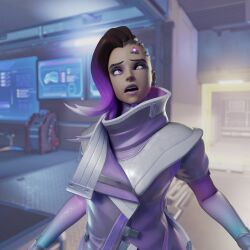  3d absurdres dazed female_only femsub hypnotic_accessory long_hair microchip open_mouth overwatch purple_hair resisting sombra_(overwatch) spllcstr tech_control 