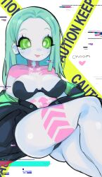  absurdres alternate_hairstyle black_bra black_panties body_markings bra breasts clothed crossed_legs cyberpunk_(series) cyberpunk_2077 cyberpunk_edgerunners female_only femsub geilsun_(manipper) green_eyes green_hair happy_trance heart jacket large_breasts large_hips long_hair looking_at_viewer manip pale_skin panties rebecca_(cyberpunk) ring_eyes simple_background sitting smile solo tattoo text tongue tongue_out underwear white_background white_skin 