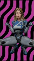  blonde_hair clothed dog_pose fantastic_four female_only femsub marvel_comics marvel_rivals milf overtone pink_eyes solo spiral spiralwash_eyes squatting susan_storm 