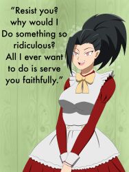  absurdres apron black_hair bow_tie breasts dialogue dress femsub happy_trance large_breasts maid momo_yaoyorozu my_hero_academia open_mouth pink_eyes ponytail smile spiral_eyes syas-nomis symbol_in_eyes text 