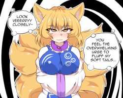 animal_ears blonde_hair breasts dialogue english_text female_only femdom fox_ears fox_girl jungleboyayaya kitsune_girl large_breasts looking_at_viewer multiple_tails pov pov_sub ran_yakumo solo spiral spiral_background tail text touhou yellow_eyes