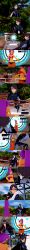  absurdres bayonetta bayonetta_(series) black_hair blue_eyes closed_eyes clothed cyanstargazer dark_skin dialogue english_text female_only genie glasses multiple_girls nintendo ponytail purple_hair shantae shantae_(series) short_hair super_smash_bros. text 