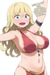  ai_art blonde_hair blue_eyes cleavage collarbone curly_hair dancer dancing drool female_only femsub harem_outfit huge_breasts loincloth long_hair looking_at_viewer maledom midriff minimimic_(generator) minimimic_(manipper) navel open_mouth shrunken_irises simple_background stable_diffusion_(ai) text white_background 