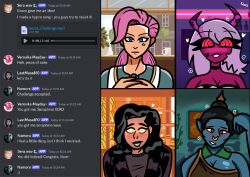  aware black_hair consensual crossover demon_girl dialogue fish_girl grace_(stray_gods) happy_trance helluva_boss hypnotic_music kilroylucy18 league_of_legends livestream marvel_comics namora pink_hair resisting seraphine_(league_of_legends) smile spiral_eyes spiralwash_eyes stray_gods text verosika_mayday 