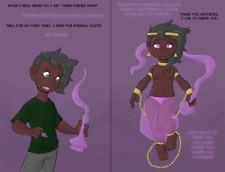 arm_bands barefoot before_and_after black_hair bracelet circlet collar dark_skin dialogue earrings empty_eyes feet femdom floating green_eyes happy_trance harem_outfit jewelry malesub mr.h open_mouth original purple_eyes see-through shota smile text topless transformation western