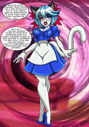 absurdres animal_ears apron blue_hair bow breasts cat_girl cleavage dress female_only femdom furry glasses heterochromia high_heels housewife large_breasts large_lips looking_at_viewer miami_(raging_red_ranger) original short_hair smile tail text white_skin zorro-zero