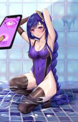  armpits arms_above_head bangs blush braid breasts cameltoe cell_phone cleavage empty_eyes female_only femsub genshin_impact gloves goddess hair_ornament hypnotic_app kneeling large_breasts long_hair looking_at_viewer matrix16 mole navel one-piece_swimsuit phone ponytail pool purple_eyes purple_hair raiden_shogun_(genshin_impact) sideboob swimsuit tech_control thighhighs thighs unhappy_trance very_long_hair water wet 