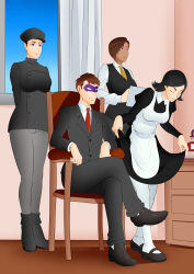 absurdres business_suit chair dress empty_eyes happy_trance maid maledom mask mask_(darkmask) oo_sebastian_oo original purple_eyes short_hair standing standing_at_attention suit