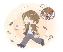 angry aware blush brown_hair candy closed_eyes clothed deneb food green_hair hair_color_change kamen_rider kamen_rider_den-o male_only maledom malesub multicolored_hair pants rerukurage64 shoes smile speech_bubble white_eyes yuto_sakurai