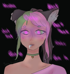 absurdres black_background clothed collar collarbone dog_girl drool expressionless female_only femsub glowing_eyes heterochromia long_hair mantra multicolored_hair neru_(neruhypno) open_mouth original pink_eyes ponytail signature simple_background solo sorahypnotized subliminal symbol_in_eyes tank_top text