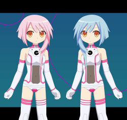 before_and_after blue_hair bodysuit deadbeet empty_eyes expressionless female_only hyperdimension_neptunia pink_hair ram_(hyperdimension_neptunia) rom_(hyperdimension_neptunia) short_hair white_sister_(ram) white_sister_(rom)