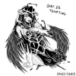 ahoge albedo_(overlord) alien alternate_costume androgynous_dom bare_shoulders black_hair black_lipstick breasts corruption crossover english_text fangs femsub gloves greyscale horns lipstick living_costume long_hair marvel_comics nipples overlord parasite possession sitting spacen&#039;cake spider-man_(series) succubus symbiote text thighs venom_(marvel) white_background wings