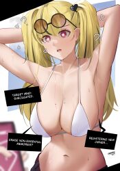  armpits arms_above_head blonde_hair blondie_(eroborne) bra breasts cleavage collarbone confused dialogue drool english_text eroborne expressionless female_only femsub glasses hair_ornament hand_on_head heart hypnotic_app large_breasts long_hair midriff navel open_mouth original posing red_eyes signature solo speech_bubble sunglasses sweat symbol_in_eyes text tongue twintails underwear 