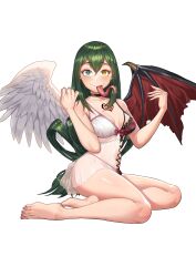  absurdres angel angel_girl bare_legs barefoot corruption davyonmartz demon_girl female_only femsub forked_tongue green_hair heart heart_eyes heart_tattoo heterochromia kneeling long_hair long_tongue looking_at_viewer makeup monster_girl my_hero_academia nightgown purification slit_pupils solo symbol_in_eyes tattoo tongue tongue_out tsuyu_asui 
