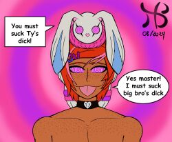 alex_(hiastobasement) collar dark_skin femboy freckles hiastobasement incest malesub original red_hair spiral_eyes tagme text