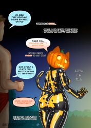  ass ass_focus assertive_sub body_control bodysuit brown_hair cat cat_ears cat_girl cat_tail comic cosplay costume english_text femsub fortnite glowing glowing_eyes halloween living_costume nyokaiart pumpkin speech_bubble spice_(fortnite) tail white_skin yellow_eyes 