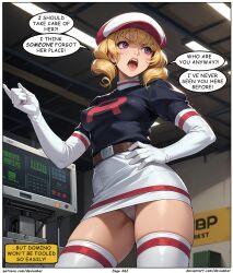  ai_art blonde_hair devianbar dialogue domino_(pokemon) large_breasts long_hair nintendo pokemon short_hair team_rocket text 
