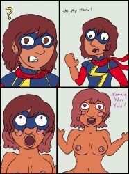 absurdres blow-up_doll brown_hair comic dollification heart heart_eyes kamala_khan marvel_comics open_mouth super_hero symbol_in_eyes synthetic_attraction text transformation