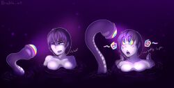  bangs before_and_after brushie_art dialogue drool eyebrows_visible_through_hair femsub floating freckles hypnotic_tentacle kaa_eyes one_eye_open open_mouth ring_eyes short_hair spiral tentacles text water 