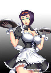 apron breasts cleavage cowboy_bebop empty_eyes faye_valentine female_only femsub gradient_background green_eyes hadant large_breasts maid purple_hair short_hair signature simple_background solo tray watermark
