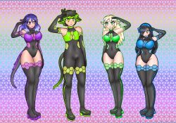  alicia_(aliciapendragon) au_ra batt_(ssbatt) bodysuit caifina_(caifina-rosewood) cat_boy cat_ears color drone elf empty_eyes femsub final_fantasy final_fantasy_xiv gradient_background happy_trance high_heels large_breasts latex leggings leotard luna_sapphirestar_(lunabunnylili) malesub multiple_girls multiple_subs opera_gloves original saluting simple_background sleepy_kai smile standing_at_attention tail 