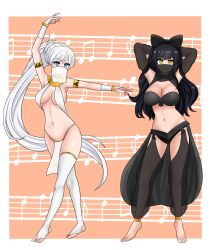absurdres barefoot black_hair blake_belladonna bow breasts cleavage dancing female_only femsub happy_trance harem_outfit hypnotic_audio hypnotic_music long_hair navel ponytail rwby smile spiral_eyes symbol_in_eyes the_only_shoe veil weiss_schnee white_hair