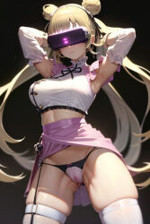 ai_art armpits arms_above_head blonde_hair bow breasts cameltoe dead_source demon_lilium_(generator) expressionless femsub garter garter_straps gloves hair_buns hanabusa_lisa large_breasts midriff opera_gloves pussy_juice skirt thick_thighs thighhighs twintails underwear virtual_esports_project virtual_youtuber visor