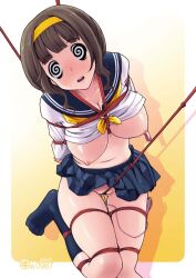 bondage breasts brown_hair character_request crotch_rub deathwish_(manipper) feet femsub large_breasts manip nipple_clamps open_clothes rope school_uniform sex_toy short_hair socks spiral_eyes symbol_in_eyes vibrator