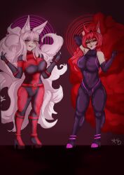 anno_(anno) arya_(snowylight) bodysuit eyebrows_visible_through_hair female_only femdom fox_ears fox_girl fox_tail glasses gradient_background huge_breasts large_breasts latex looking_at_viewer ponytail pov_sub smirk softdreamed tight_clothing