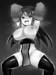 arms_above_head black_hair blush breasts character_request clothed_exposure copyright_request dancing femsub greyscale happy_trance large_breasts loincloth long_hair looking_at_viewer nipples open_mouth solo sweat thighhighs topless tunberuku