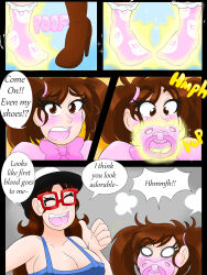 brown_hair cleavage comic dialogue dress glasses hat kobi94 large_breasts long_hair pacifier shrinking speech_bubble tank_top text transformation twintails