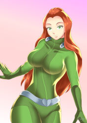 belt bodysuit bondage breasts female_only gradient_background hadant large_breasts long_hair orange_hair sam signature simple_background smile solo totally_spies watermark