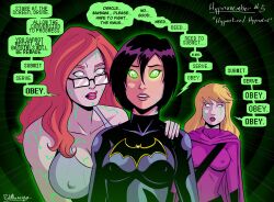 barbara_gordon batgirl batgirl_(series) batman_(series) black_hair blonde_hair cassandra_cain comic dc_comics female_only femdom femsub glasses green_eyes hypnotized_hypnotist hypnovember long_hair nipple_penetration oracle polmanning red_hair short_hair speech_bubble spiral_eyes stephanie_brown super_hero tech_control text