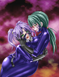 bodysuit breasts breath corruption dinaranger drool empty_eyes erect_nipples evil_smile female_only femdom femsub glasses gloves green_eyes green_hair happy_trance hypnotized_hypnotist large_breasts latex long_hair macxes mon-mon open_mouth ponytail purple_hair smile tears twintails yellow_eyes yuri