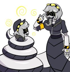  breasts clothed coils drool femdom grey_hair hat headband large_breasts malesub murder_drones naga_girl open_mouth ring_eyes robot robot_boy robot_girl serial_designation_n serial_designation_v short_hair snake spiral spiral_eyes tongue tongue_out tonyst0nk white_background yellow_eyes 